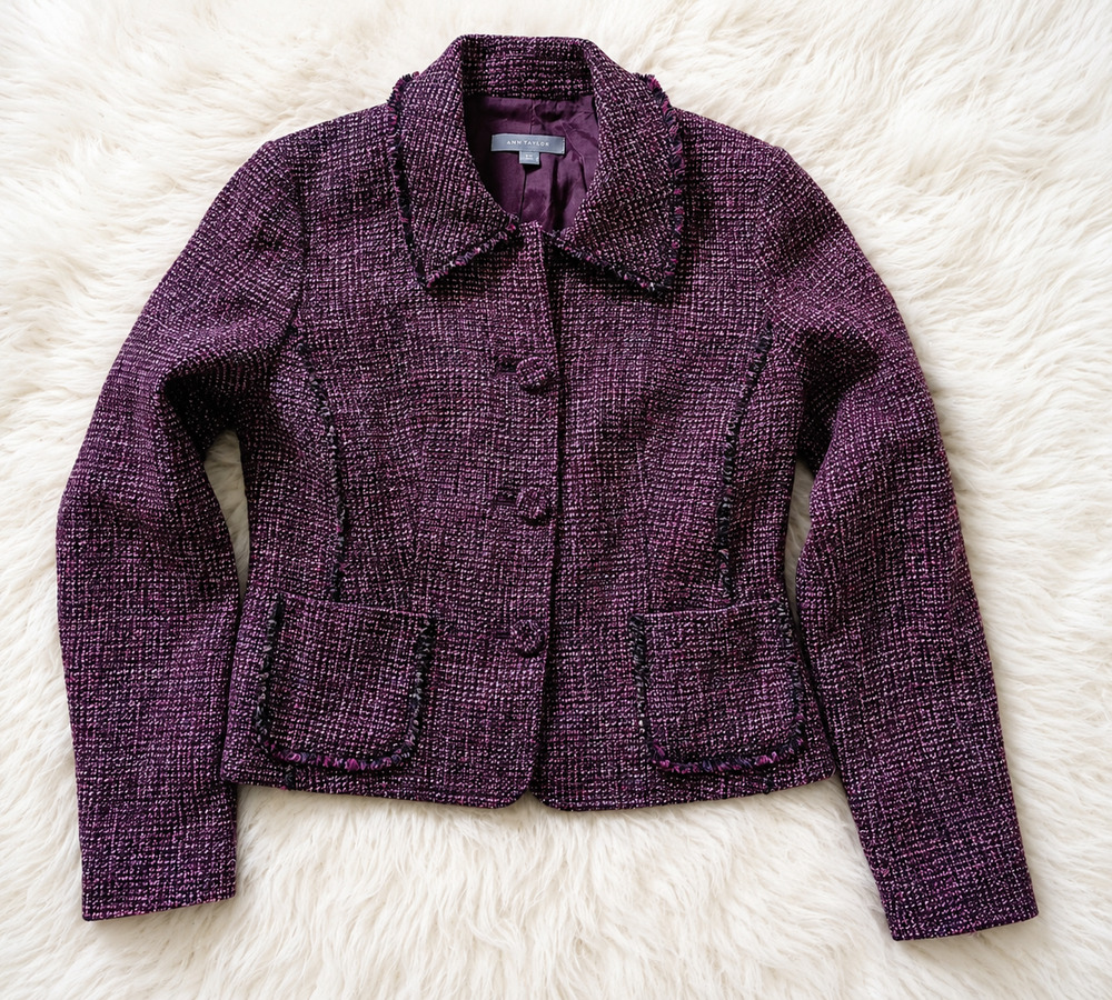 Ann Taylor Women's Wool Blend‎ Tweed Blazer Jacket Purple Boucle Fringe Size 2